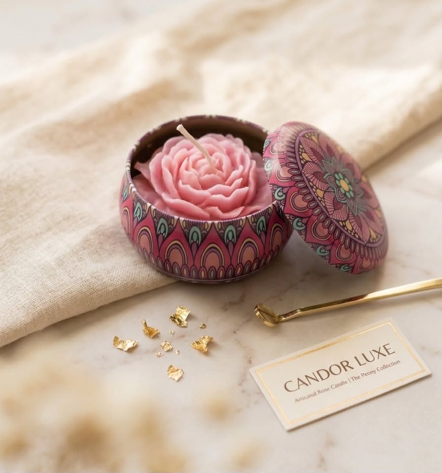 The Peony, a blush peony candle in a hand-painted mandala tin